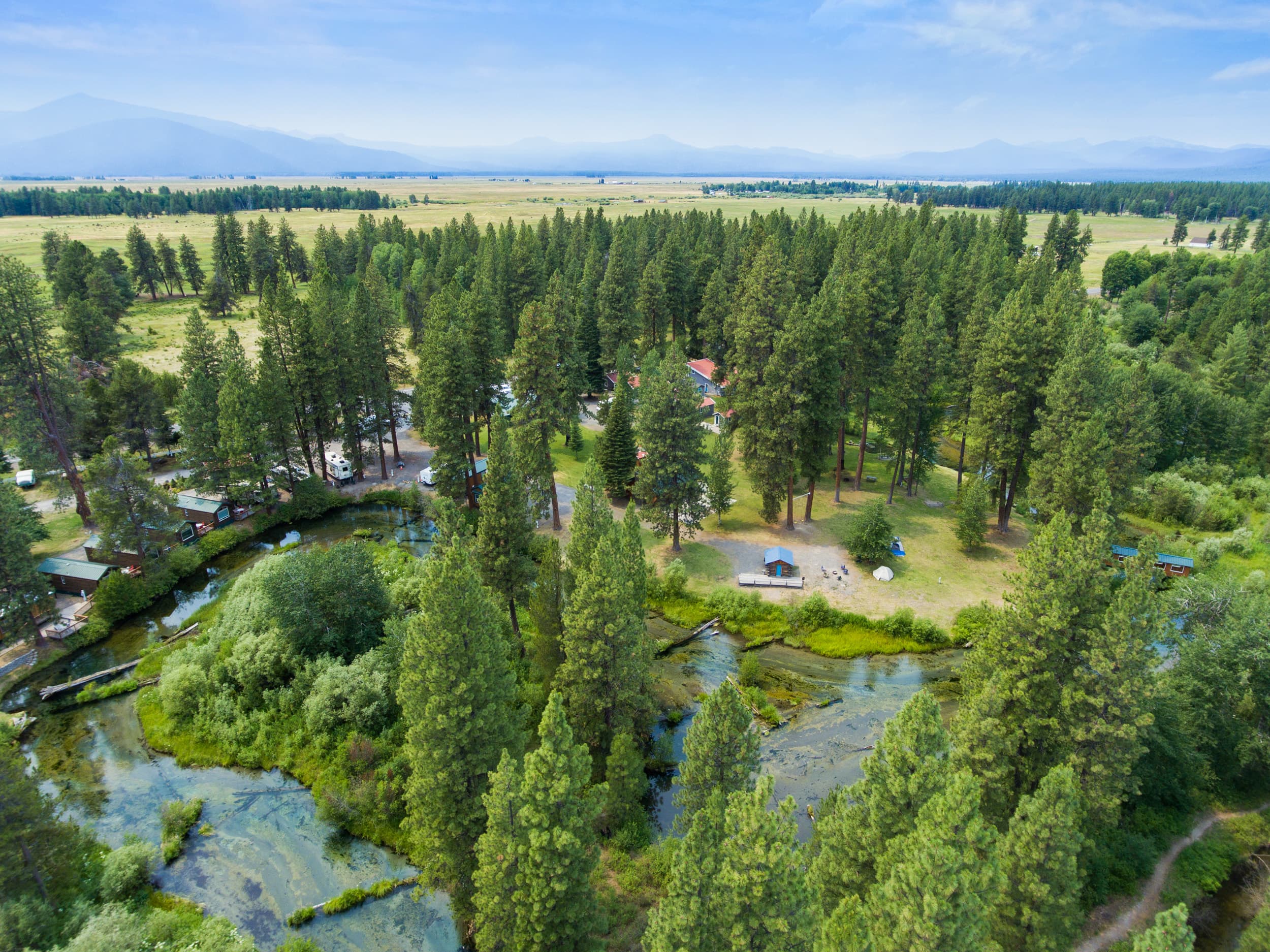 Aerial view of Crater Lake Resort property, 13 acres including event venue and lodging