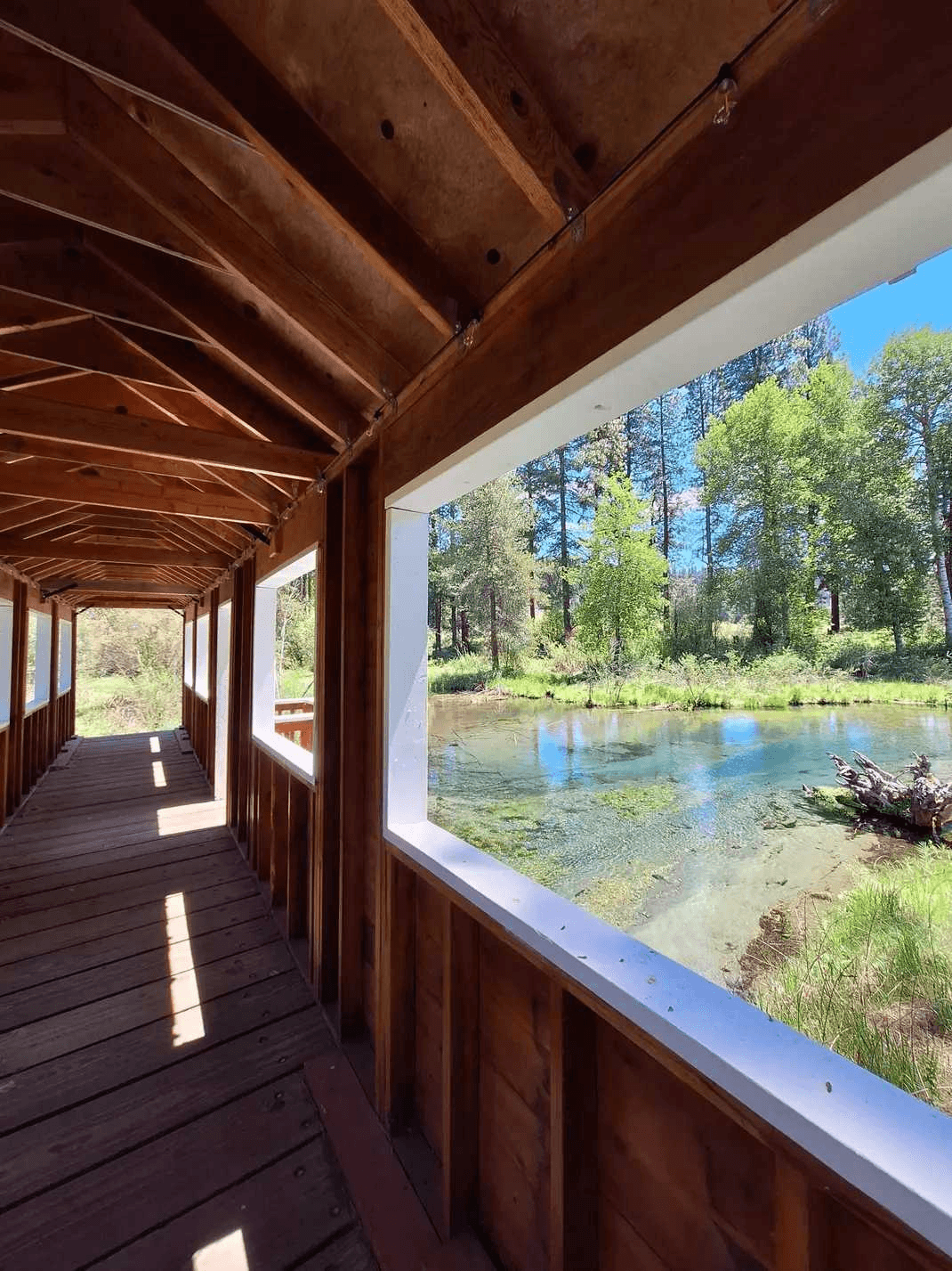 Covered wood bridge over Fort Creek at Crater Lake Resort — wedding photo location