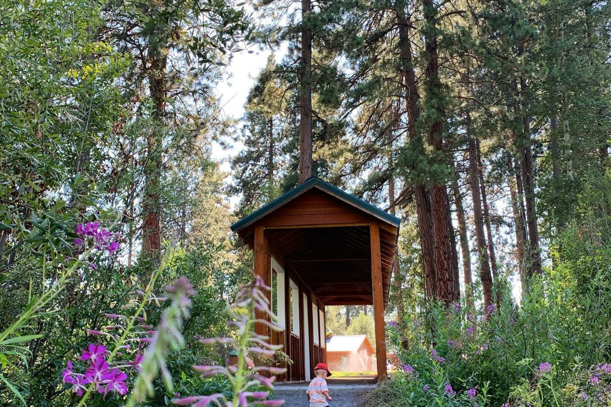 Covered footbridge leading to the glamping tent area