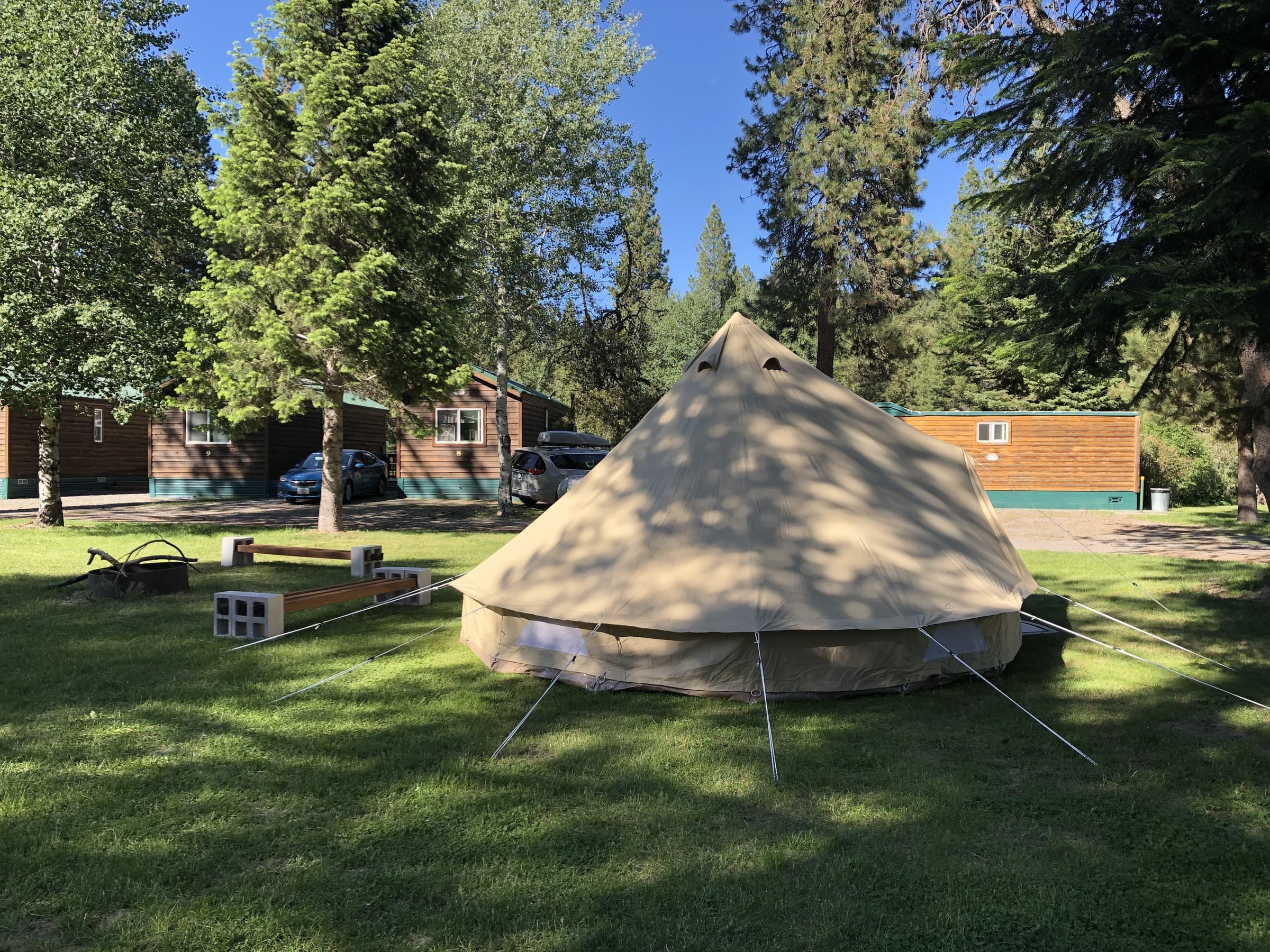 Bell tent in a grass clearing with resort cabins in the background