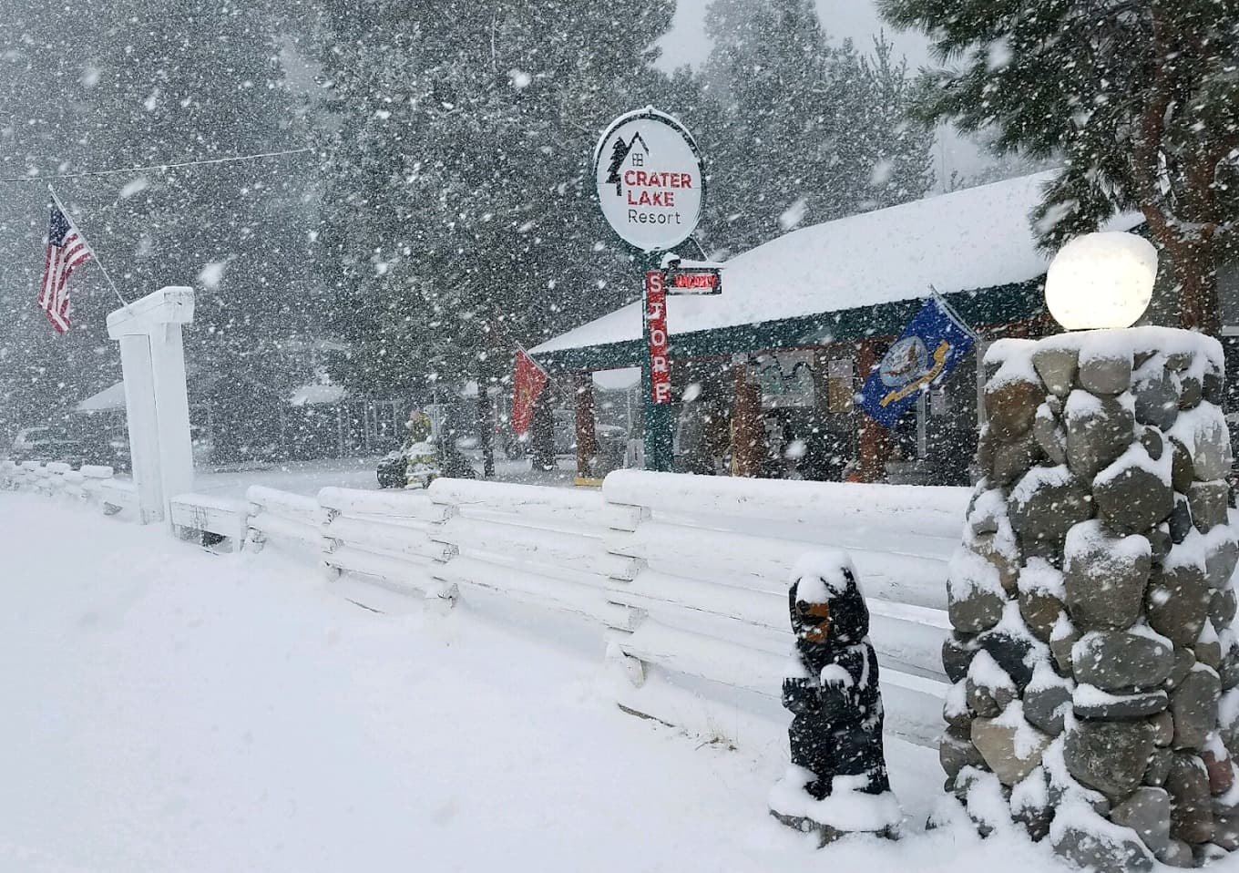 The general store in winter, open during a snowstorm